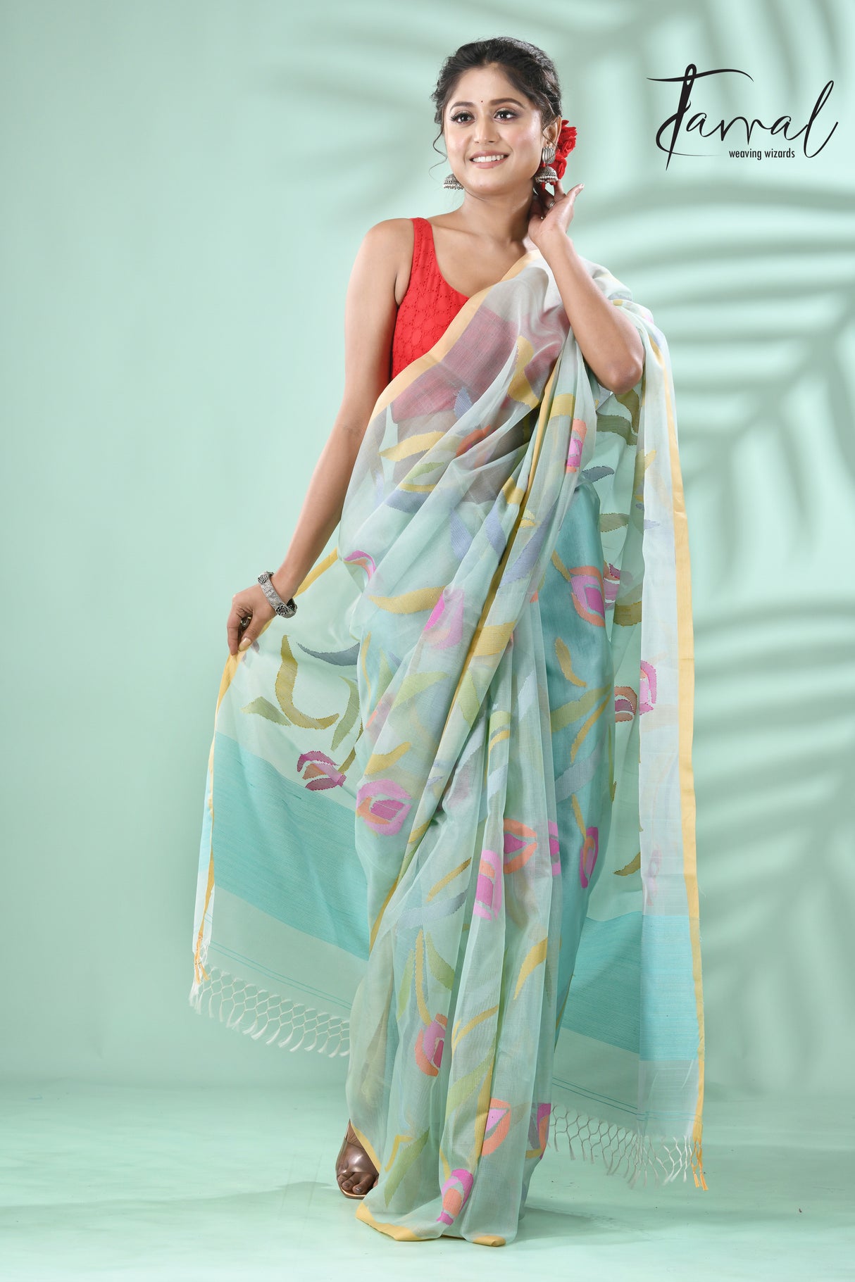 Dust sky tulip buds allover muslin silk handwoven jamdani saree