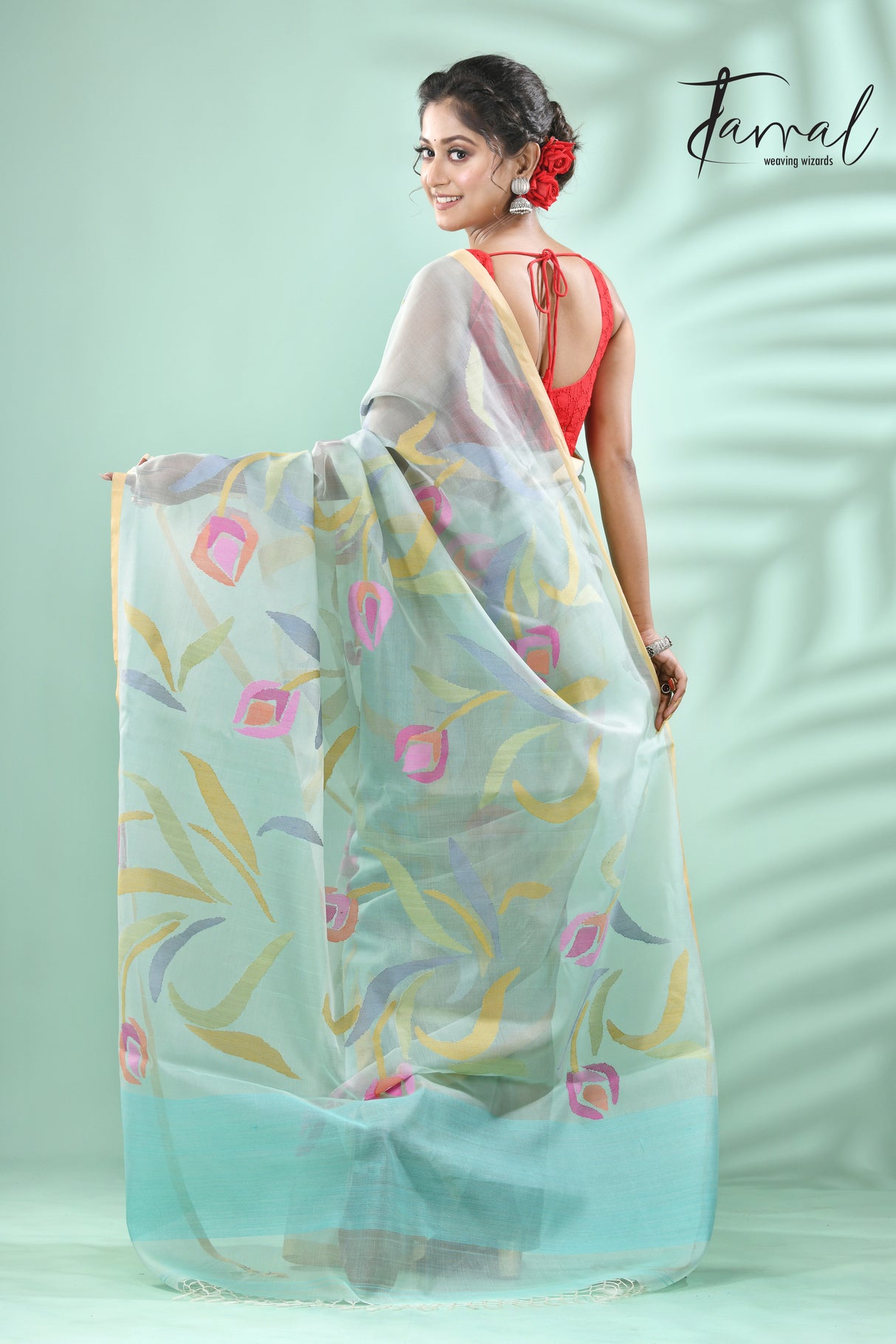 Dust sky tulip buds allover muslin silk handwoven jamdani saree