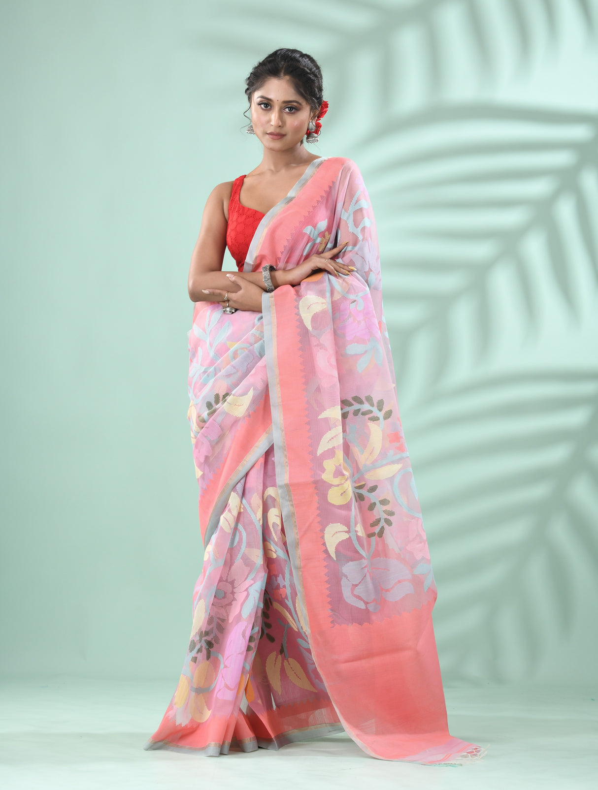 Light pink with firoza colour border alllover floral handwoven jamdani in muslin silk Saree