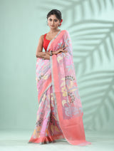 Light pink with firoza colour border alllover floral handwoven jamdani in muslin silk Saree