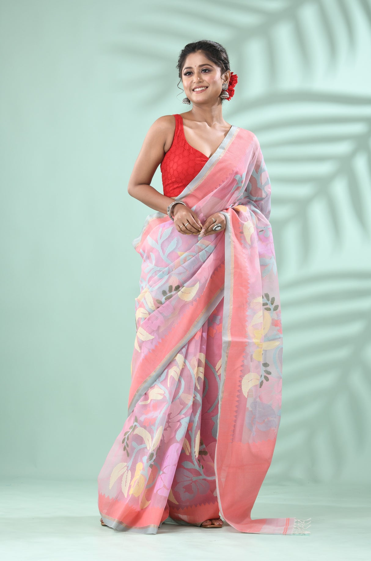 Light pink with firoza colour border alllover floral handwoven jamdani in muslin silk Saree