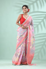 Light pink with firoza colour border alllover floral handwoven jamdani in muslin silk Saree