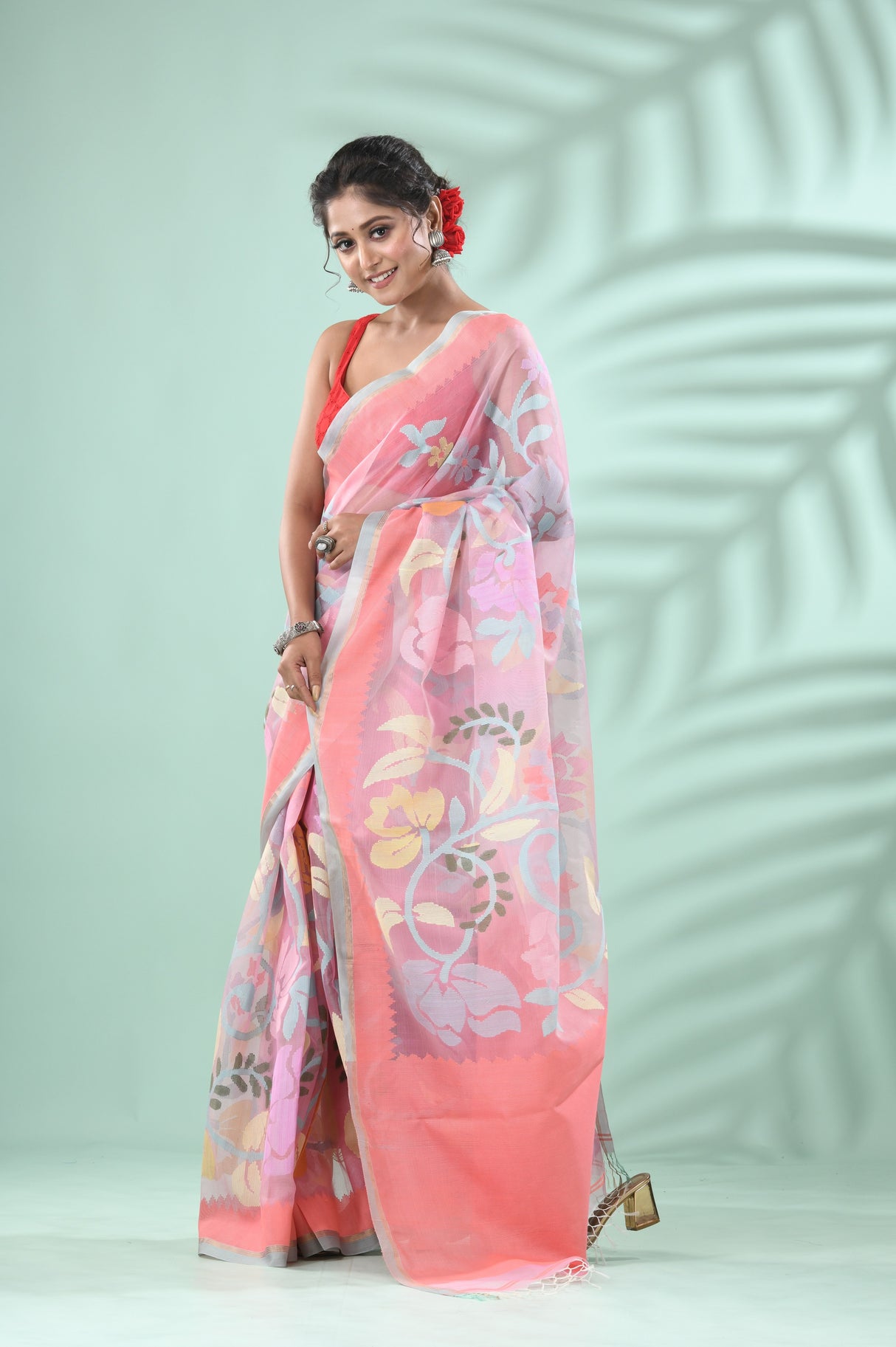 Light pink with firoza colour border alllover floral handwoven jamdani in muslin silk Saree