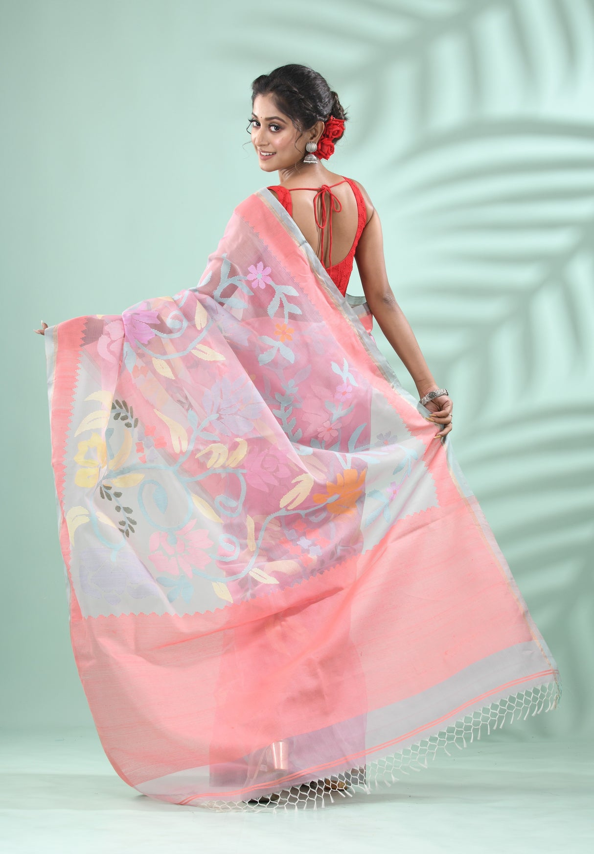 Light pink with firoza colour border alllover floral handwoven jamdani in muslin silk Saree