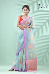 Light sky blue with lavender border allover myriad flowers handwoven muslin silk jamdani saree