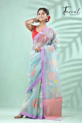 Light sky blue with lavender border allover myriad flowers handwoven muslin silk jamdani saree