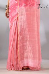 Baby Pink with zari border half & half muslin with matka silk handwoven needle work jamdani saree