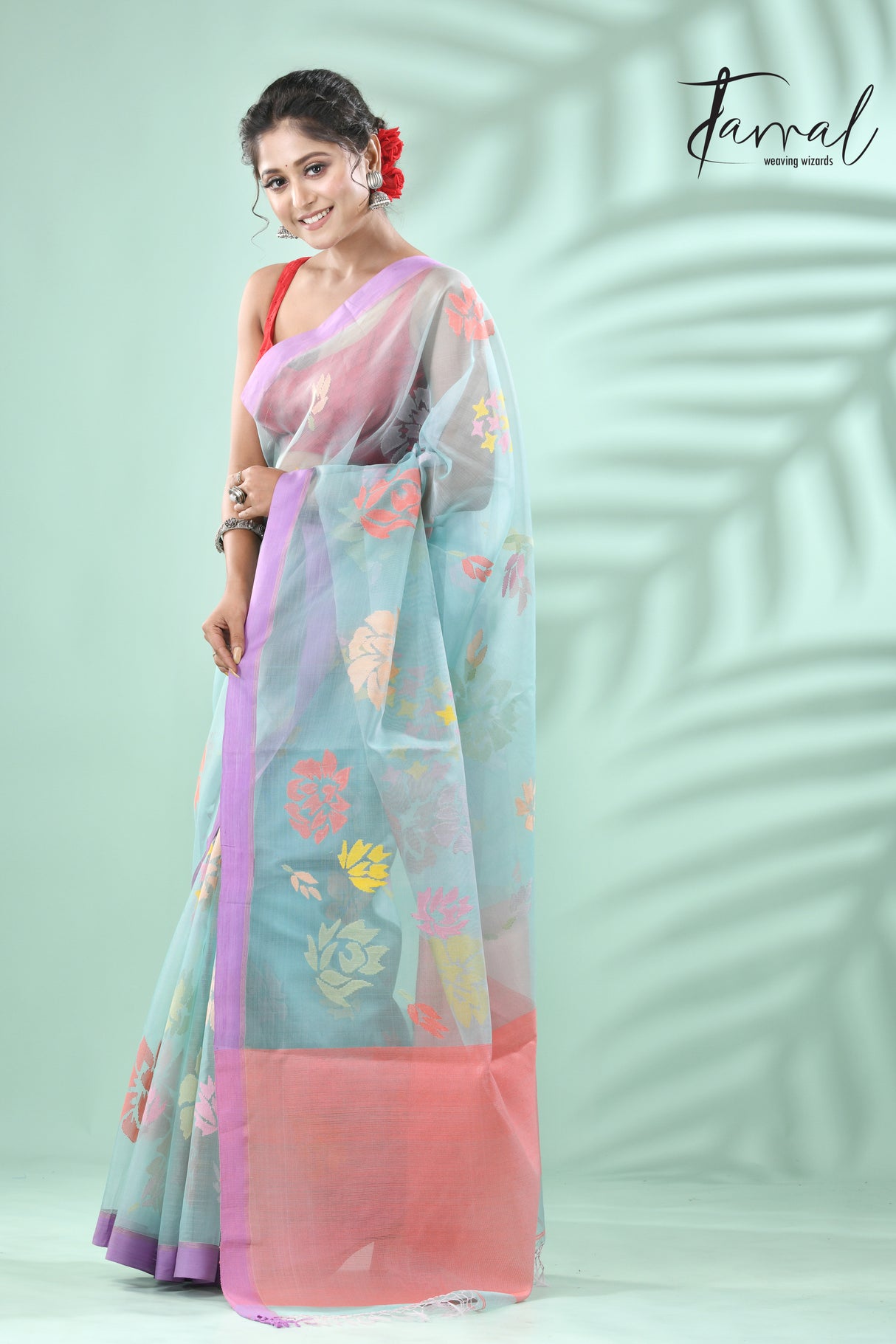 Light sky blue with lavender border allover myriad flowers handwoven muslin silk jamdani saree