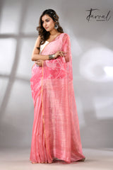 Baby Pink with zari border half & half muslin with matka silk handwoven needle work jamdani saree