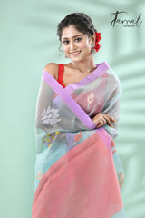 Light sky blue with lavender border allover myriad flowers handwoven muslin silk jamdani saree