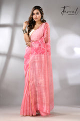 Baby Pink with zari border half & half muslin with matka silk handwoven needle work jamdani saree