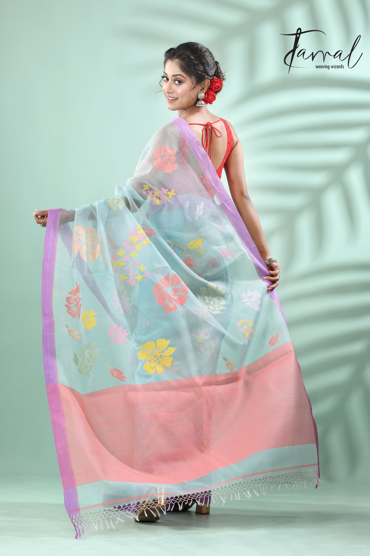 Light sky blue with lavender border allover myriad flowers handwoven muslin silk jamdani saree