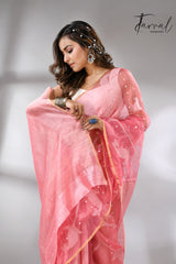 Baby Pink with zari border half & half muslin with matka silk handwoven needle work jamdani saree