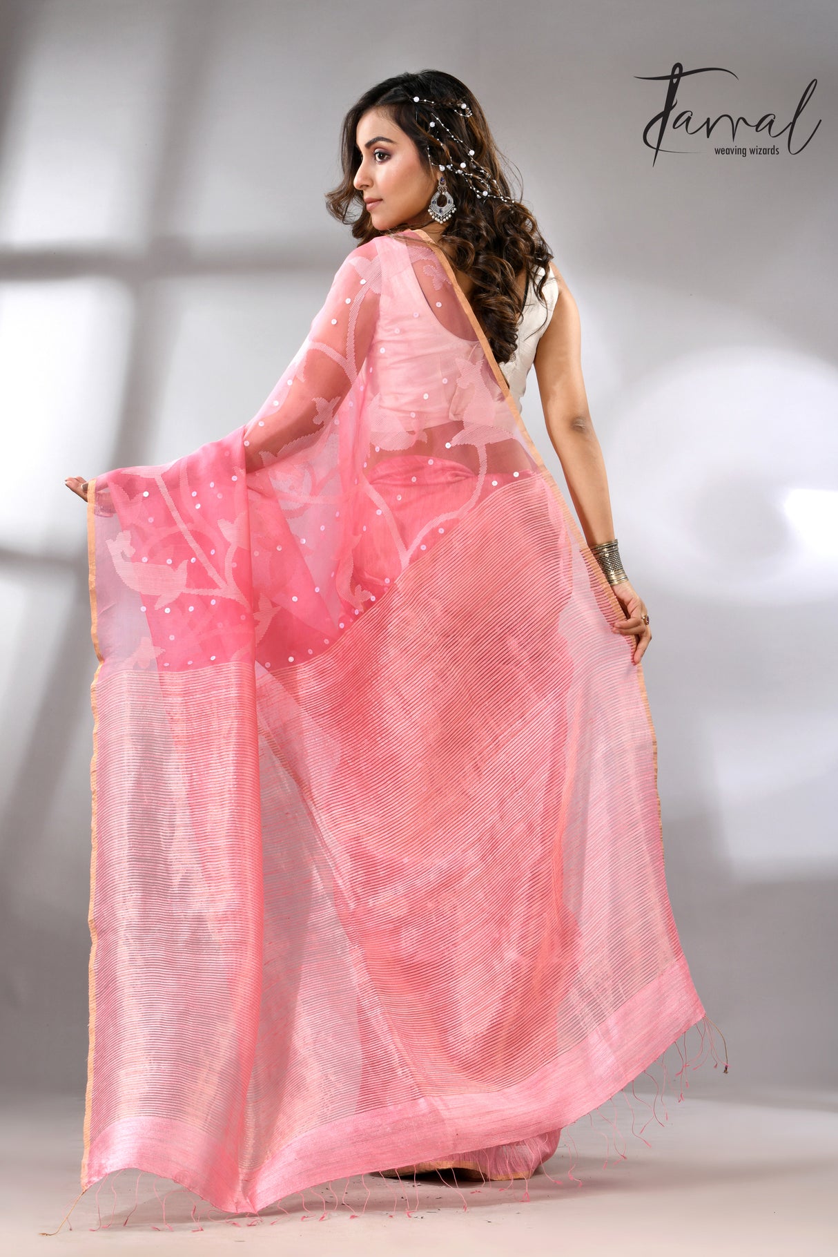 Baby Pink with zari border half & half muslin with matka silk handwoven needle work jamdani saree