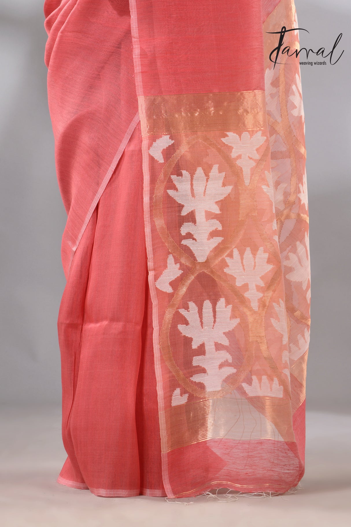 Coral pink with white & golden lotus silk linen handwoven jamdani saree