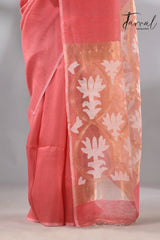 Coral pink with white & golden lotus silk linen handwoven jamdani saree