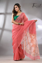 Coral pink with white & golden lotus silk linen handwoven jamdani saree