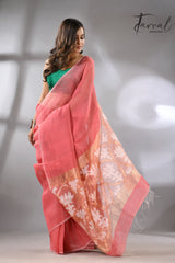 Coral pink with white & golden lotus silk linen handwoven jamdani saree