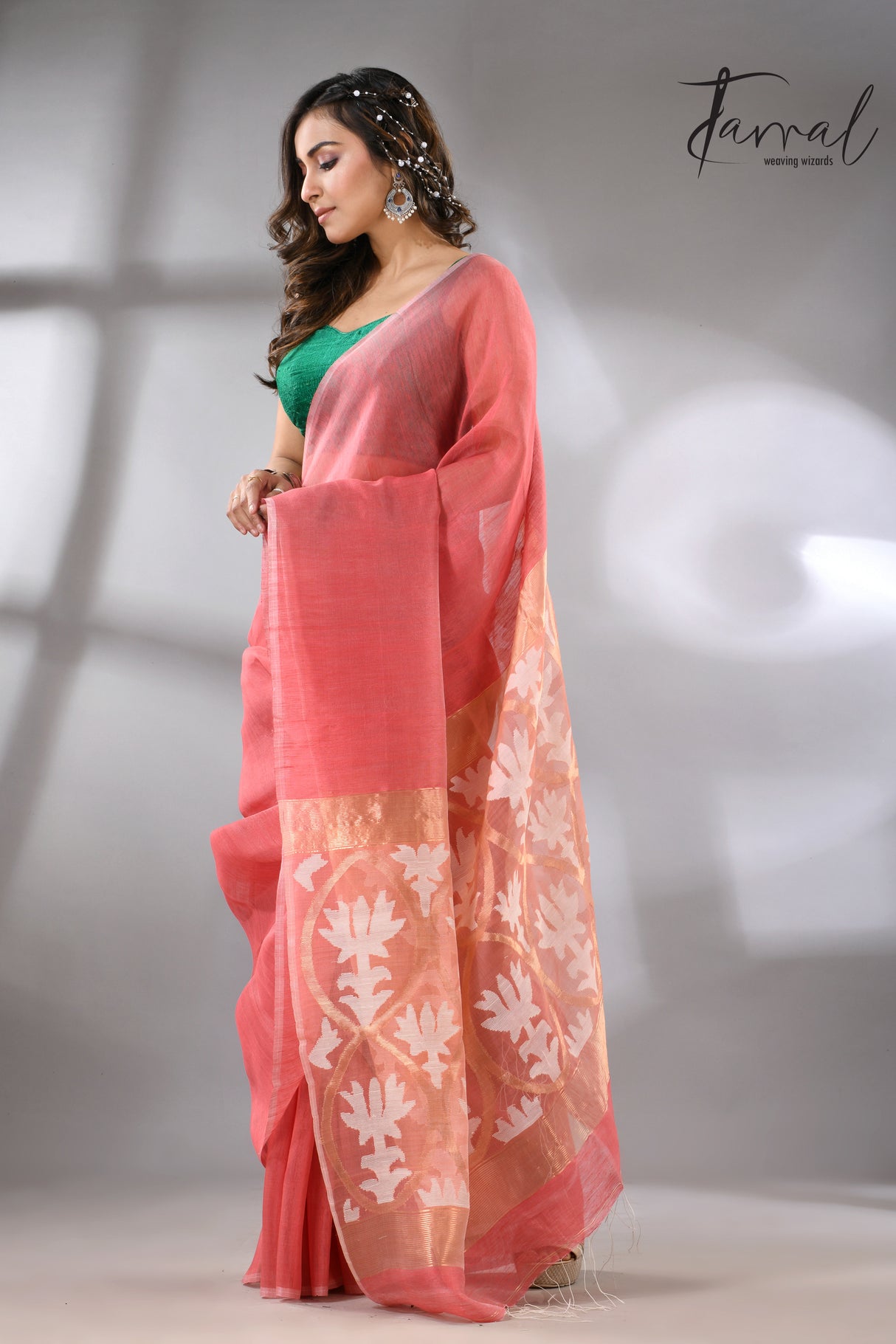 Coral pink with white & golden lotus silk linen handwoven jamdani saree