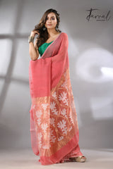 Coral pink with white & golden lotus silk linen handwoven jamdani saree