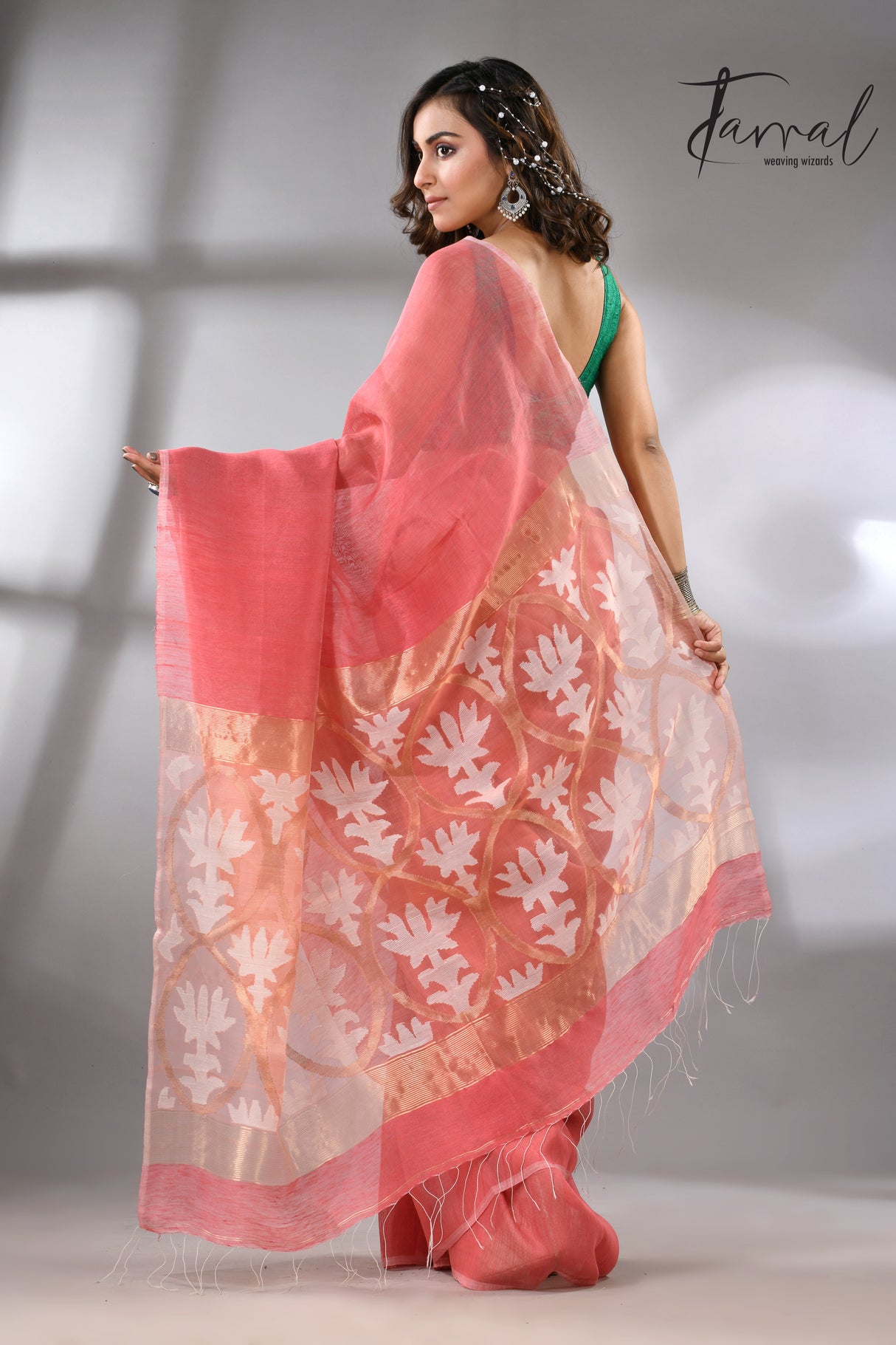 Coral pink with white & golden lotus silk linen handwoven jamdani saree