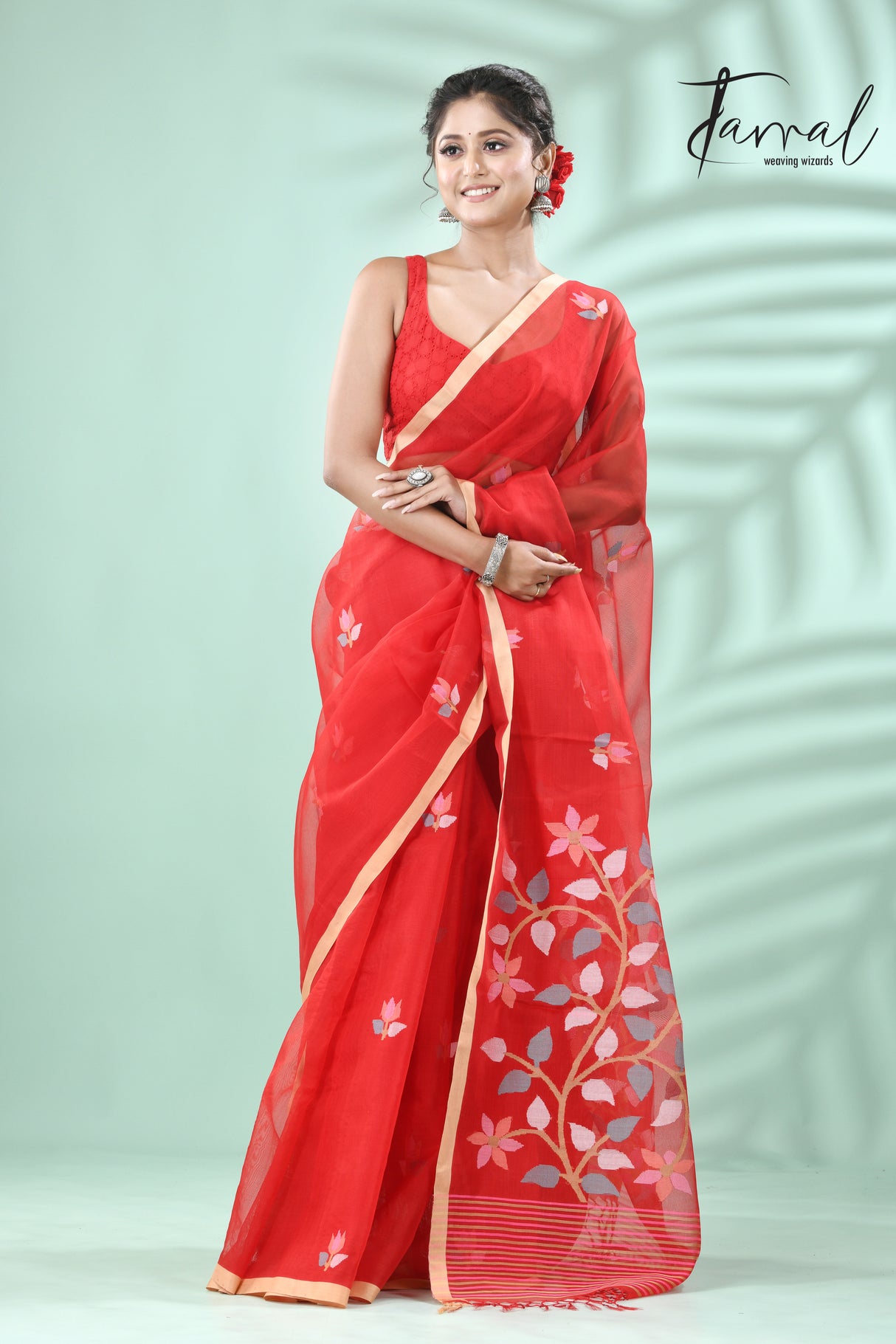 Red with muga colour border floral pallu butas muslin silk handwoven jamdani saree