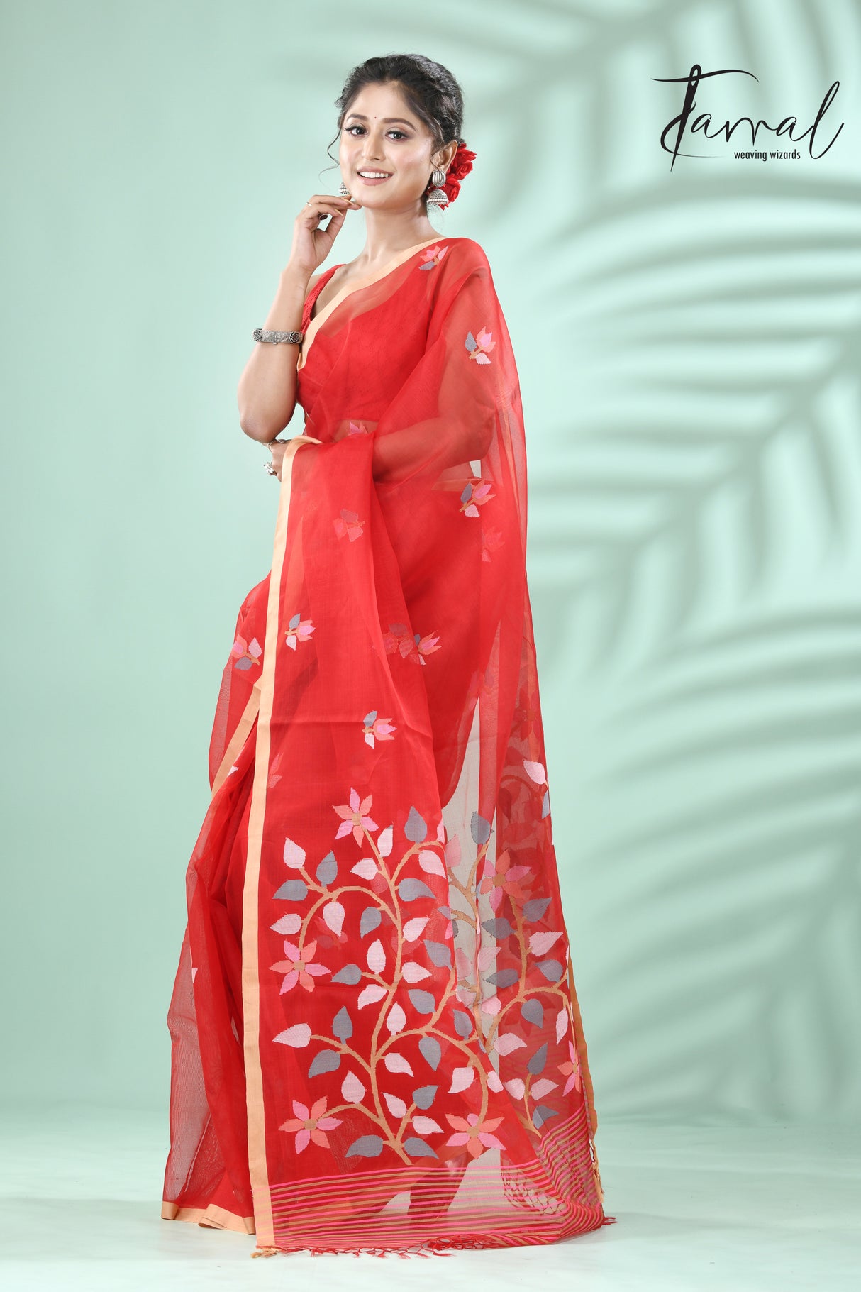 Red with muga colour border floral pallu butas muslin silk handwoven jamdani saree