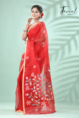 Red with muga colour border floral pallu butas muslin silk handwoven jamdani saree