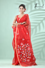 Red with muga colour border floral pallu butas muslin silk handwoven jamdani saree