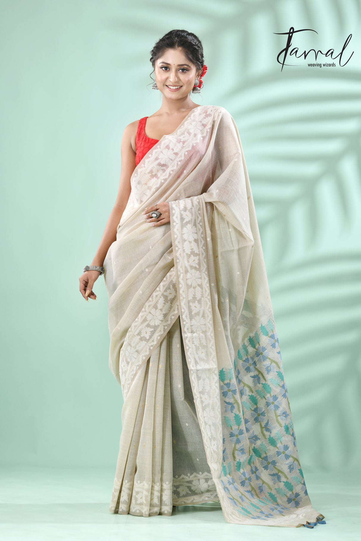 Light Beige with sky blue & firoza pallu silk cotton handloom jamdani saree - Tamal Boutique