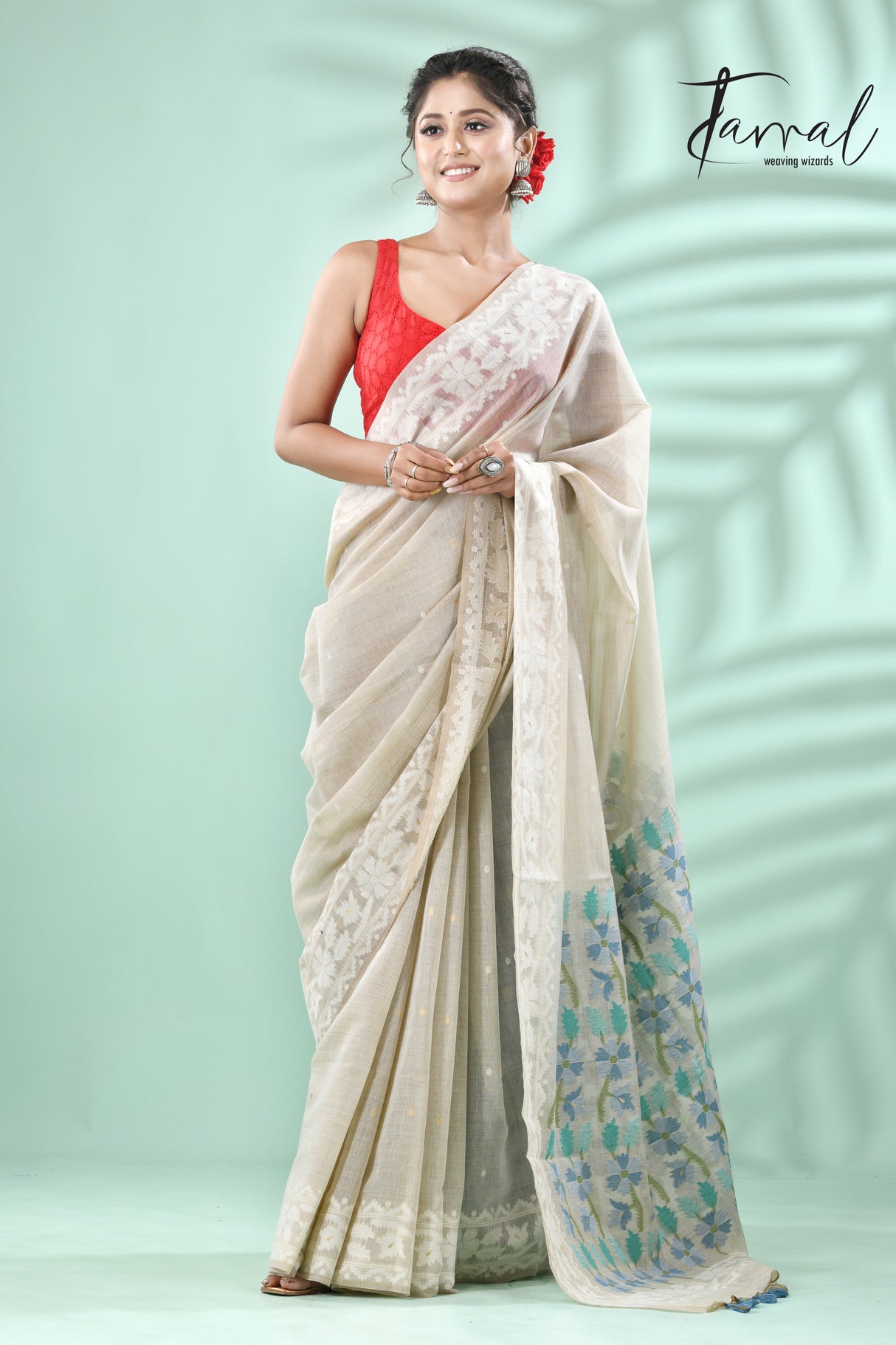 Light Beige with sky blue & firoza pallu silk cotton handloom jamdani saree - Tamal Boutique