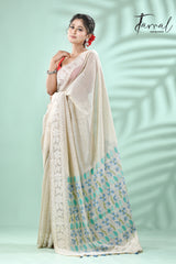 Light Beige with sky blue & firoza pallu silk cotton handloom jamdani saree