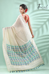 Light Beige with sky blue & firoza pallu silk cotton handloom jamdani saree - Tamal Boutique