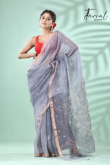 Grey with silver zari silk linen tree pallu handwoven jamdani saree