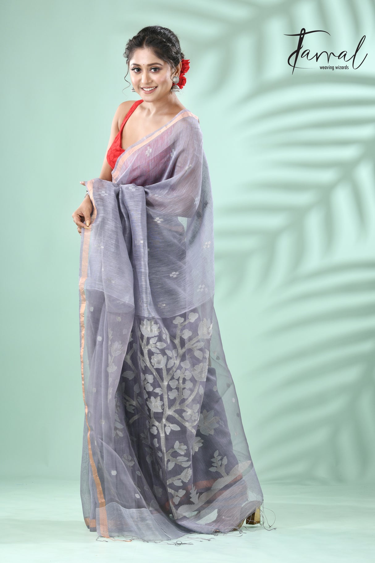 Grey with silver zari silk linen tree pallu handwoven jamdani saree