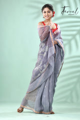 Grey with silver zari silk linen tree pallu handwoven jamdani saree