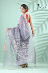 Grey with silver zari silk linen tree pallu handwoven jamdani saree