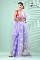 Lavender with white floral buta handwoven muslin silk jamdani saree