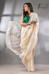 White lotus pallu silk linen handwoven jamdani saree