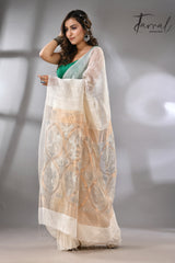 White lotus pallu silk linen handwoven jamdani saree