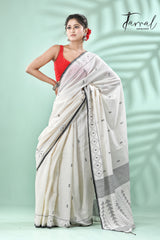 Offwhite with black net design cotton handwoven jamdani saree - Tamal Boutique