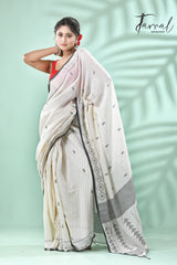 Offwhite with black net design cotton handwoven jamdani saree - Tamal Boutique