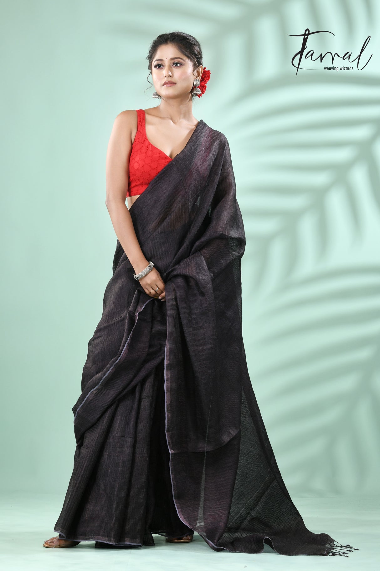 Black with zari check Tussar’s silk saree - Tamal Boutique