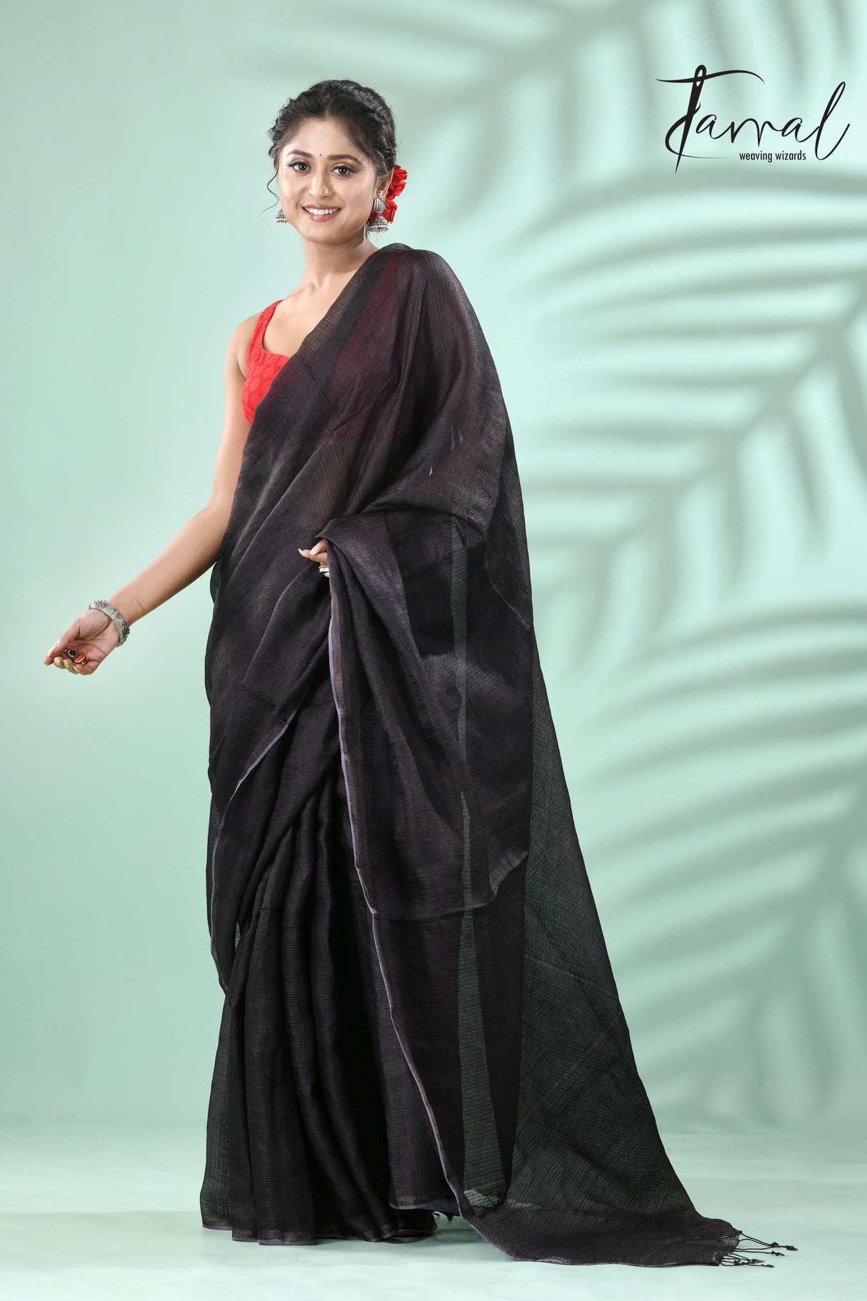 Black with zari check Tussar’s silk saree - Tamal Boutique