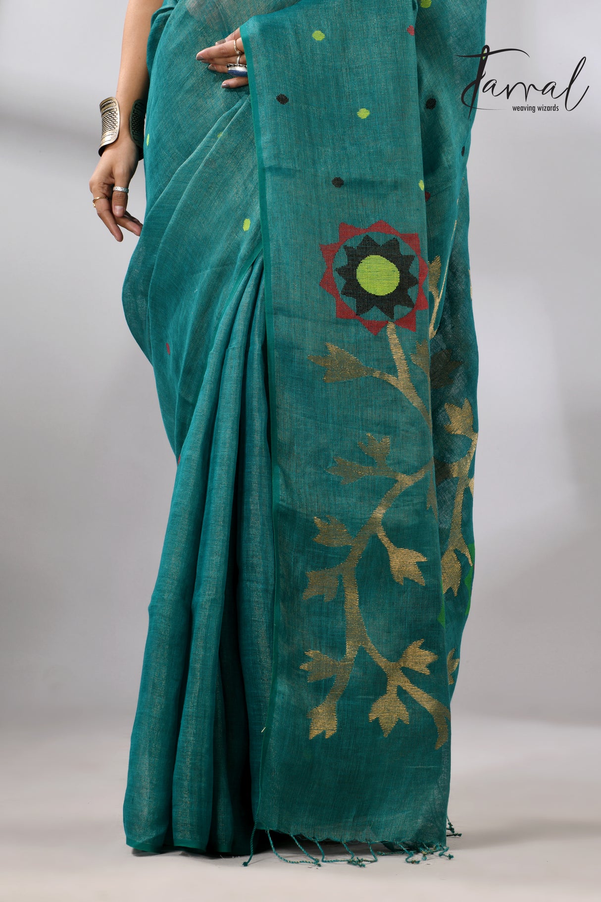 Raja Green with multicolor pure linen handwoven jamdani saree