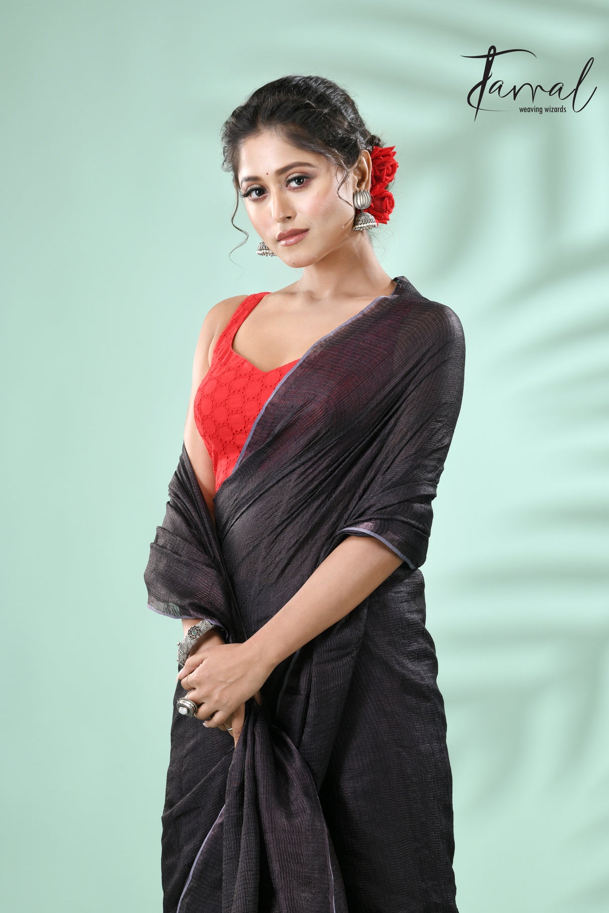 Black with zari check Tussar’s silk saree - Tamal Boutique