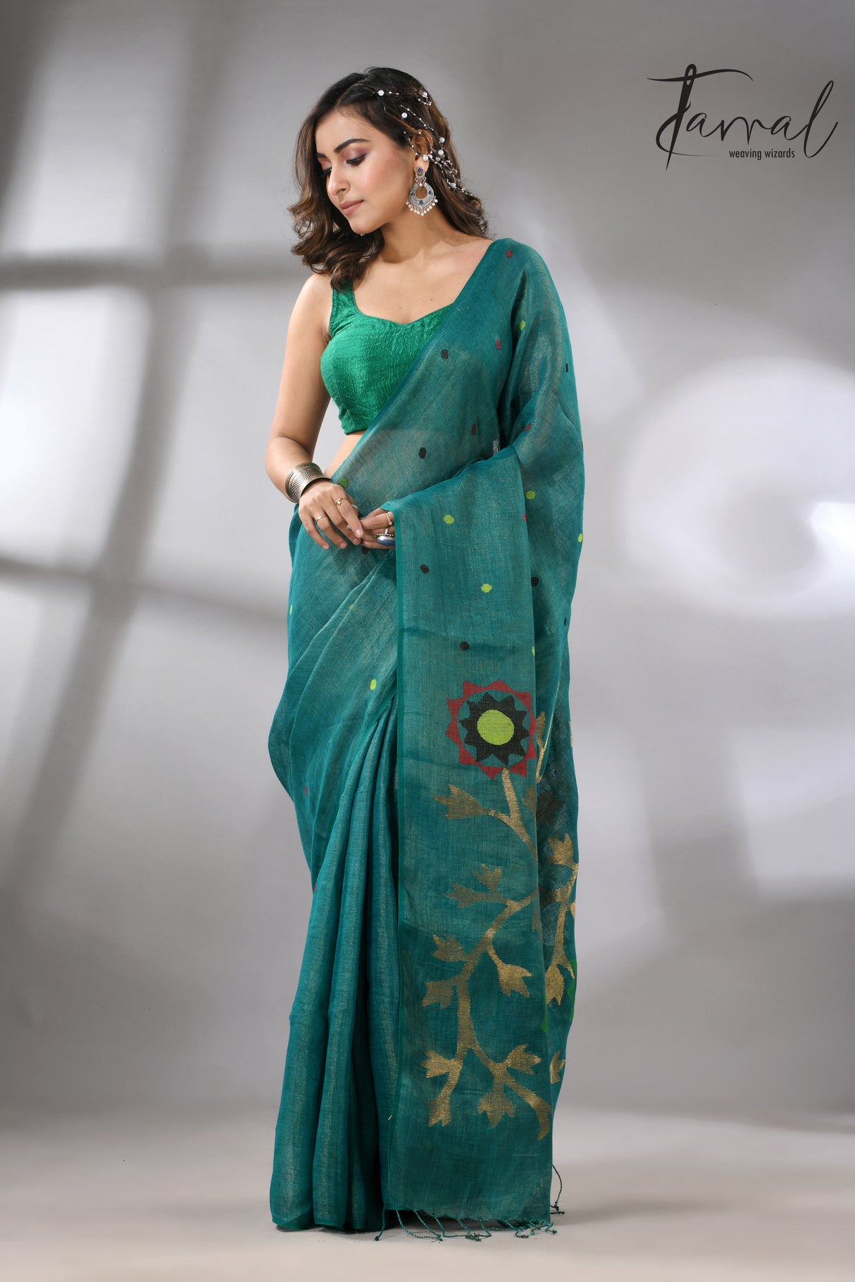 Raja Green with multicolor pure linen handwoven jamdani saree