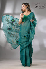 Raja Green with multicolor pure linen handwoven jamdani saree