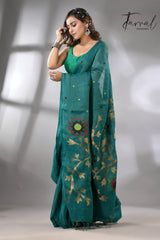 Raja Green with multicolor pure linen handwoven jamdani saree