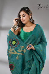 Raja Green with multicolor pure linen handwoven jamdani saree